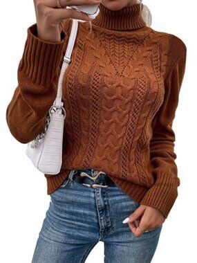 Turtleneck Cable Knit Fitted Sweater Pullover Long Sleeve